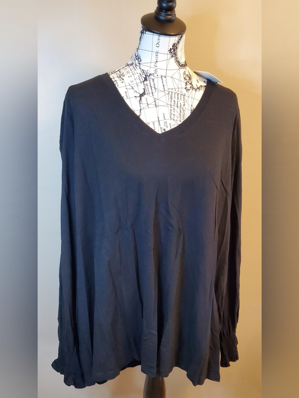 Cotton Bleu 3X Black 100% Cotton V Neck Blouse Smocked Cuffs Long Sleeve NWT